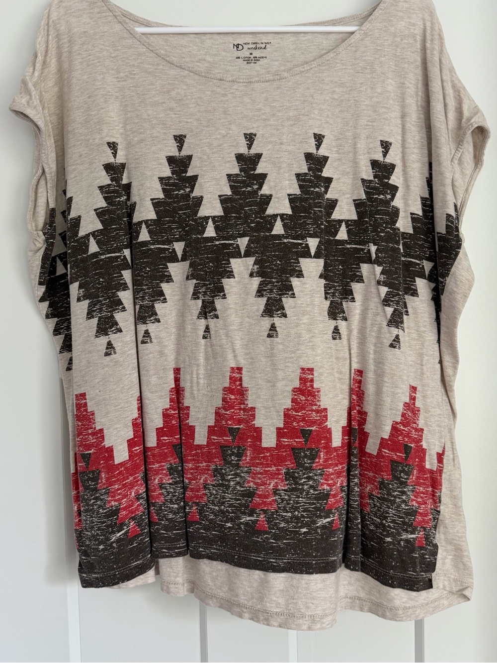 new directions Beige Tee with Black & Red Aztec Print